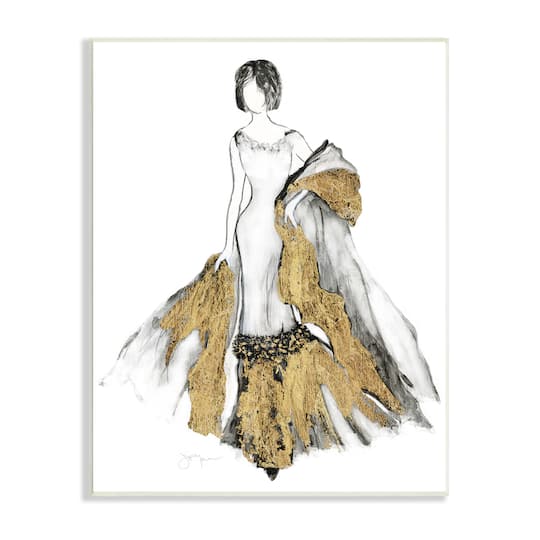 Stupell Industries Fashion Figure Drawing Female Glam Evening Gown Gold Wall Plaque